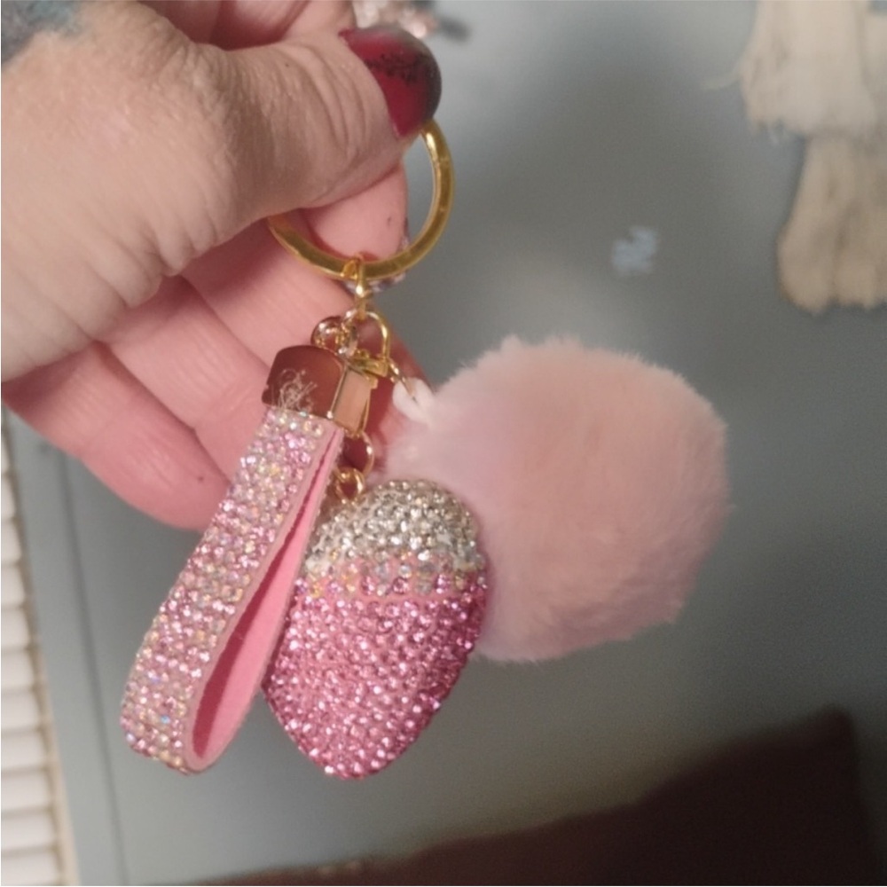 Pink and white heart with pom pom bag charm keychain